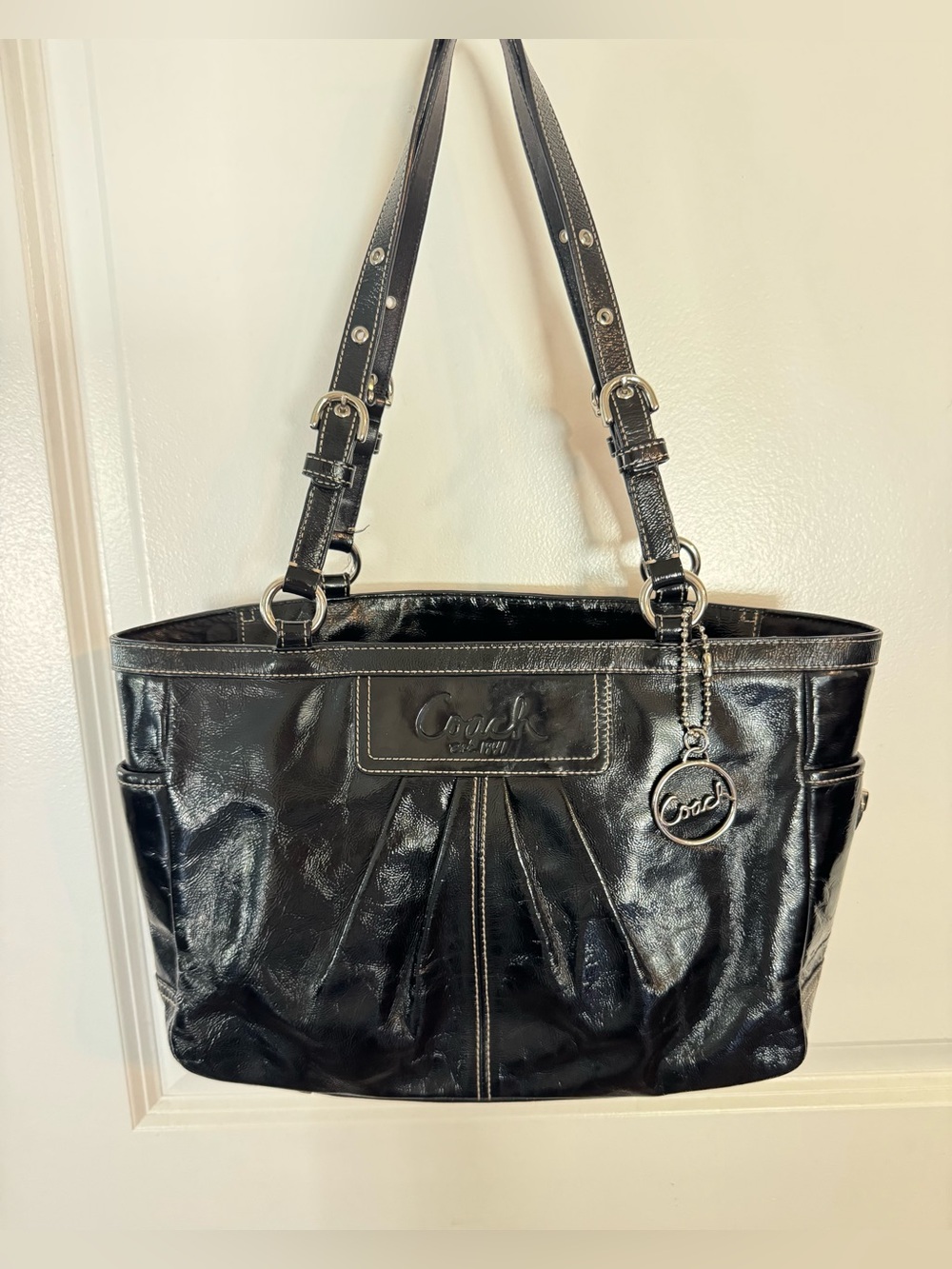 Coach Shiny Black Patent Leather Shoulder bad with Logo Charm